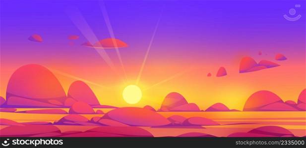 Sunset sky above clouds with sun shine. Beautiful nature landscape background, red,and orange fluffy cloudscape with brigth shining rays, evening view from airplane, Cartoon vector illustration. Sunset sky above clouds with sun shining rays