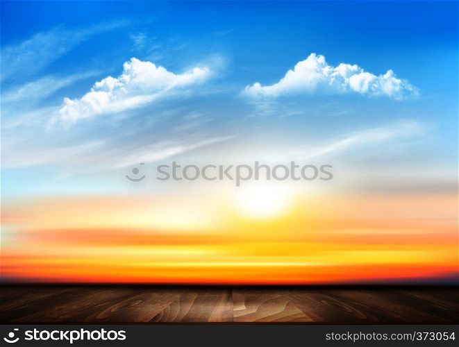 Sunset sky background with transparent clouds and wooden floor. Vector illustration