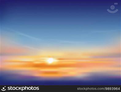 Sunset sky in eveing with orange, yellow and purple colour, Dramatic twilight landscape with dark blue sky,Vector mesh horizon banner of sunrise for Spring or Summerbackground