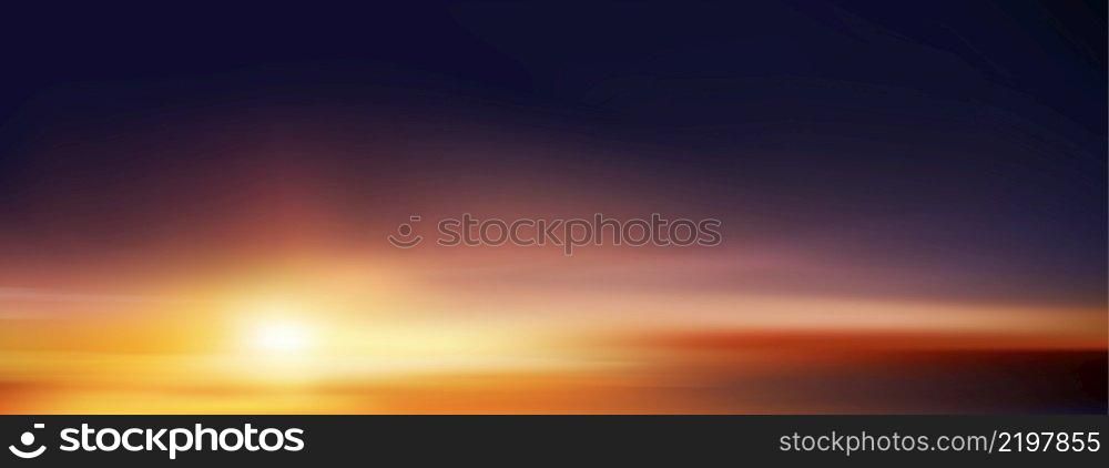 Sunset sky in evening with orange, yellow and purple colour, Dramatic twilight landscape with dark blue sky,Vector horizon backdrop banner beautiful Natural Sunrise for Spring, Summer background