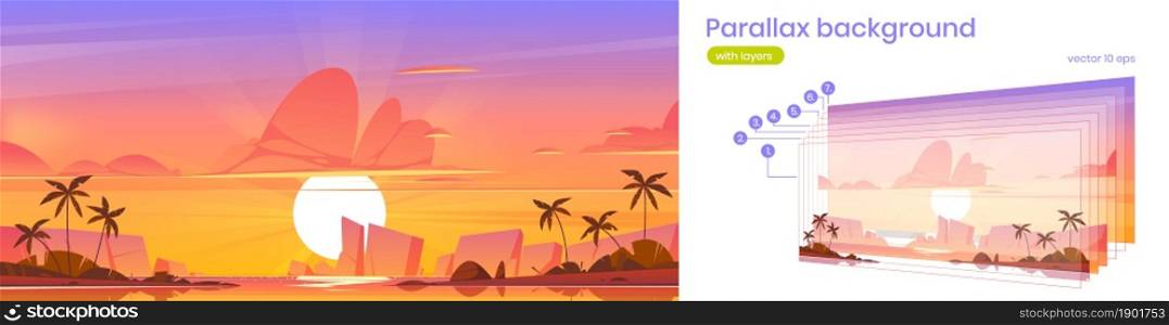 Sunset sky in ocean parallax background, tropical island 2d landscape. Beautiful cartoon nature scenery view with sea, rocks and dusk sky separated layers for animation game scene Vector illustration. Sunset sky in ocean parallax background, island