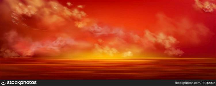 Sunset sky in sea, red clouds flying over calm ocean water surface. Nature landscape, picturesque background with beautiful evening horizon perspective view, Realistic 3d vector illustration. Sunset sky in sea, red clouds flying over ocean