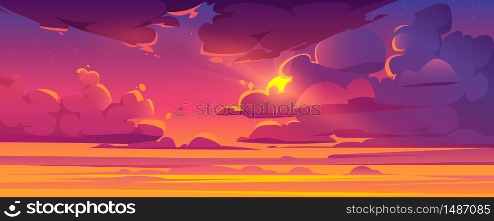 Sunset sky with sun peek out of fluffy clouds. Beautiful nature landscape background, pink, orange and lilac cloudscape evening or morning view with shining Sol and stars. Cartoon vector illustration. Sunset sky with sun peek out of fluffy clouds