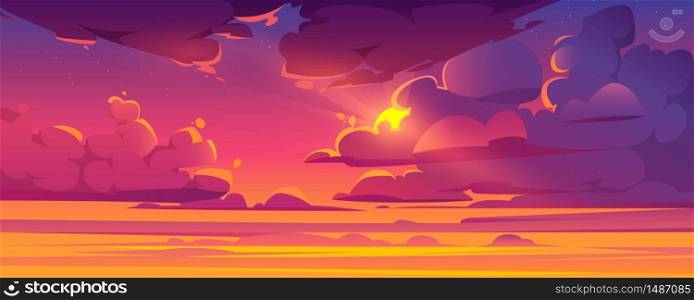 Sunset sky with sun peek out of fluffy clouds. Beautiful nature landscape background, pink, orange and lilac cloudscape evening or morning view with shining Sol and stars. Cartoon vector illustration. Sunset sky with sun peek out of fluffy clouds