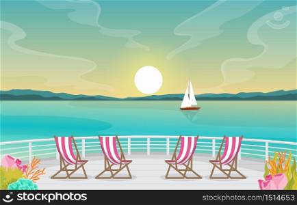 Sunset Sunrise Sea Ocean Landscape View on Cruise Ship Deck Illustration