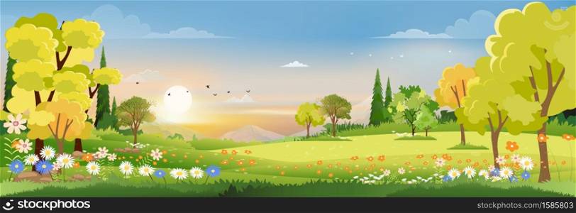 sunset,Vector flat cartoon rural farmland with mountain and forest, pink and blue sky, Natural scene in countryside,Panorama view on sunny day Summer