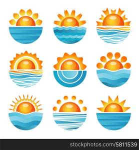 Sunset with sea waves and horizon round orange blue icons set flat isolated vector illustration . Sunset icons set