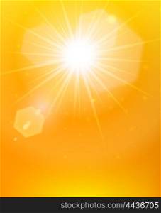 Sunshine background orange poster. The sun rays poster bright sunlight with flares on the abstract orange background vector illustration