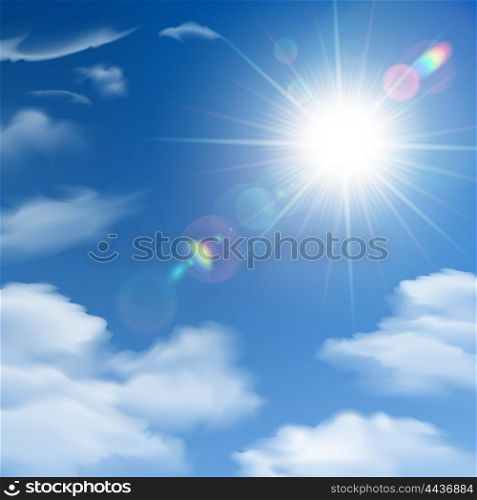Sunshine Background Poster. The sun shines bright light poster on the background of white clouds and clear blue sky vector illustration