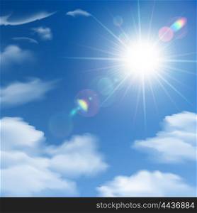Sunshine Background Poster. The sun shines bright light poster on the background of white clouds and clear blue sky vector illustration