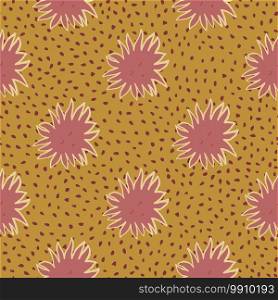 Sunshine cute faces seamless doodle pattern. Cartoon kids print in pale tones. Dark pink stars on ocher dotted background. For fabric design, textile print, wrapping, cover. Vector illustration.. Sunshine cute faces seamless doodle pattern. Cartoon kids print in pale tones. Dark pink stars on ocher dotted background.