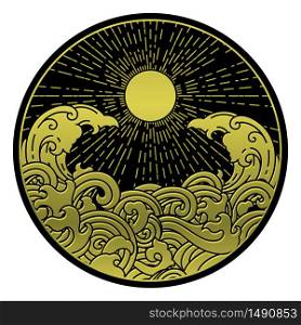 Sunshine with the water wave. Oriental decorative design element. Moon eclipse and ocean wave. Golden color on black background.