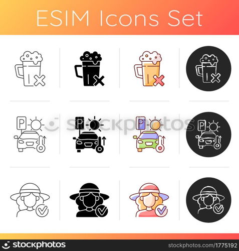 Sunstroke and sunburn icons set. Avoid alcohol drinks. Prevent heatstroke. High temperature in heated car. Woman in wide brimmed hat. Linear, black and RGB color styles. Isolated vector illustrations. Sunstroke and sunburn icons set