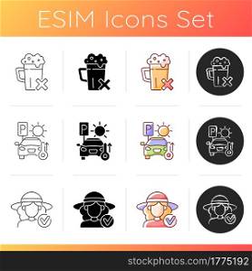 Sunstroke and sunburn icons set. Avoid alcohol drinks. Prevent heatstroke. High temperature in heated car. Woman in wide brimmed hat. Linear, black and RGB color styles. Isolated vector illustrations. Sunstroke and sunburn icons set