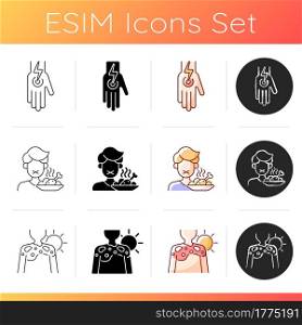 Sunstroke precaution icons set. Cramp in arm joint. Lose appetite. Sunburn skin from summer heat. Sun stroke symptoms. Linear, black and RGB color styles. Isolated vector illustrations. Sunstroke precaution icons set