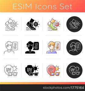 Sunstroke prevention icons set. No sports in sun heat. High body temperature. Sunglasses to protect eyes from UV rays. Linear, black and RGB color styles. Isolated vector illustrations. Sunstroke prevention icons set