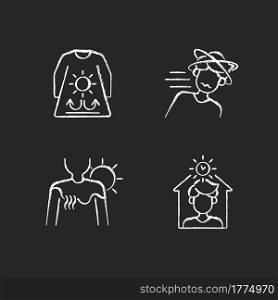 Sunstroke risk during summer chalk white icons set on dark background. Long sleeves and loose clothing. Sunburn in summer. Stay inside during heat. Isolated vector chalkboard illustrations on black. Sunstroke risk during summer chalk white icons set on dark background
