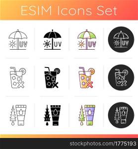Sunstroke risk during summer icons set. Seek shade. No cold drinks. Aloe vera soothing cream. Preventing heatstroke. Linear, black and RGB color styles. Isolated vector illustrations. Sunstroke risk during summer icons set