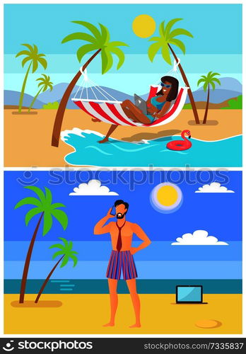 Suntanned woman and man in trunk and tie on sandy beaches. Freelancers work at tropical resort on beach under tall palms vector illustrations set.. Suntanned Woman and Man in Trunk and Tie on Beach