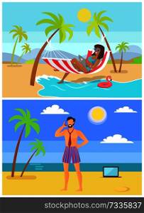 Suntanned woman and man in trunk and tie on sandy beaches. Freelancers work at tropical resort on beach under tall palms vector illustrations set.. Suntanned Woman and Man in Trunk and Tie on Beach
