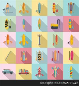 Sup surfing icons set flat vector. Surf board. Puddle gear. Sup surfing icons set flat vector. Surf board