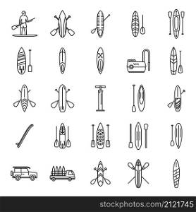 Sup surfing icons set outline vector. Surf board. Puddle gear. Sup surfing icons set outline vector. Surf board