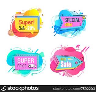 Super and special sale offers vector geometric signs set with blue, pink, orange, yellow gradient, offering discounts with super 20 percent off price. Super and Special Sale Offer Stickers Vector Set