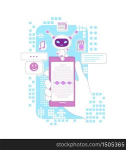 Super bot thin line concept vector illustration. Hand holding smartphone with personal assistant app 2D cartoon character for web design. Chatbot with voice recognition software creative idea