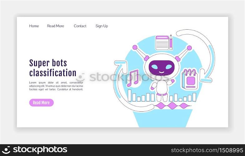 Super bots classification landing page flat silhouette vector template. Personal virtual assistant homepage layout. One page website interface with cartoon outline character. Web banner, webpage