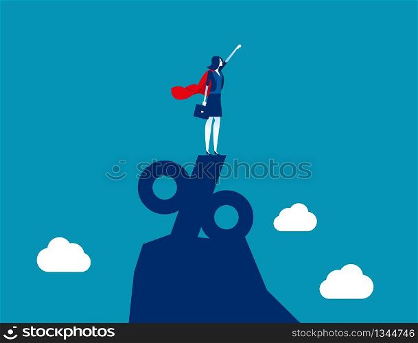 Super business businesswoman standing on the top of percentage sign. Concept business vector illustration, Leader or manager, Percent and Growth, Achievement.