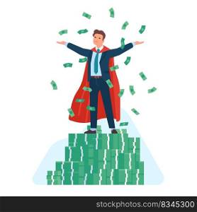 Super businessman. Business leadership. Successful manager. Superhero standing on money stacks. Flying dollar banknotes. Hero office employee in cape. Financial success. Cash currency. Vector concept. Super businessman. Business leadership. Successful manager. Superhero standing on money stacks. Dollar banknotes. Hero office employee. Financial success. Cash currency. Vector concept