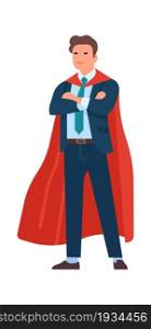 Super businessman character. Men strong hero standing in costume, business people mascot, male leader in fluttering cape. Success work and leadership, vector cartoon flat style isolated illustration. Super businessman character. Men strong hero standing in costume, business people mascot, male leader in fluttering cape. Success work and leadership, vector cartoon isolated illustration