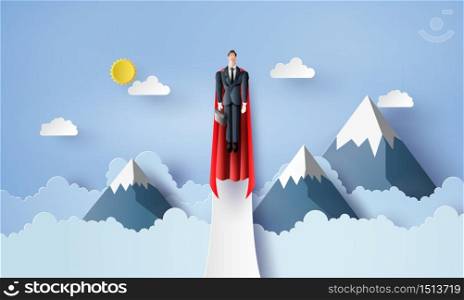super businessman flying on sky like a superhero. paper cut with success business concept