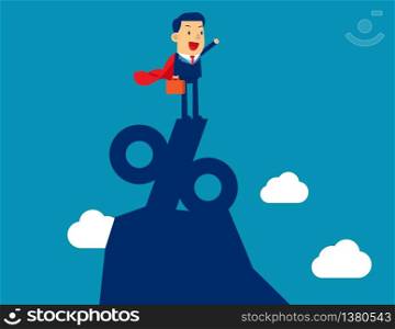 Super businessman standing on the top of percentage sign. Concept business vector illustration, Leader or manager, Percent and Growth, Achievement.