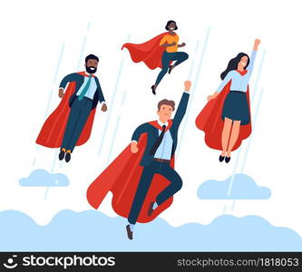 Super businessman team. Flying office professional employees team, hero poses and red capes, strengths of corporate interaction, successful work vector concept. Super businessman team. Flying office employees team, hero poses and red capes, corporate interaction, successful work vector concept