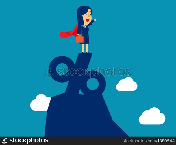 Super businesswoman standing on the top of percentage sign. Concept business vector illustration, Leader or manager, Percent and Growth, Achievement.