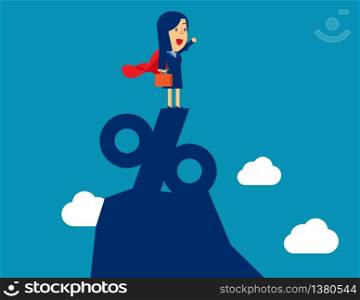 Super businesswoman standing on the top of percentage sign. Concept business vector illustration, Leader or manager, Percent and Growth, Achievement.