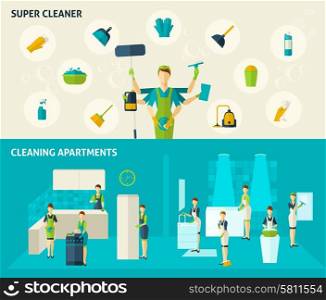 Super Cleaner Flat Banners Set. Super cleaner and cleaning apartments color flat horizontal banners set isolated vector illustration