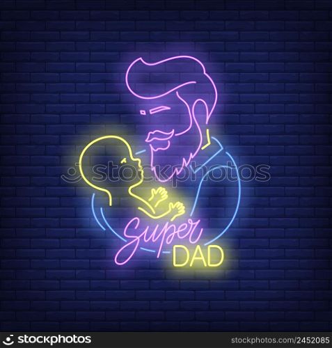Super Dad neon text and father with child. Happy Fathers Day design. Night bright neon sign, colorful billboard, light banner. Vector illustration in neon style.