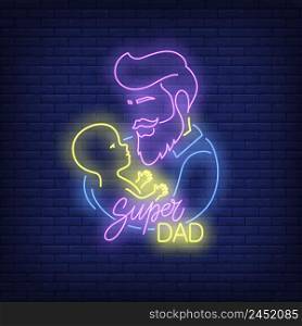 Super Dad neon text and father with child. Happy Fathers Day design. Night bright neon sign, colorful billboard, light banner. Vector illustration in neon style.