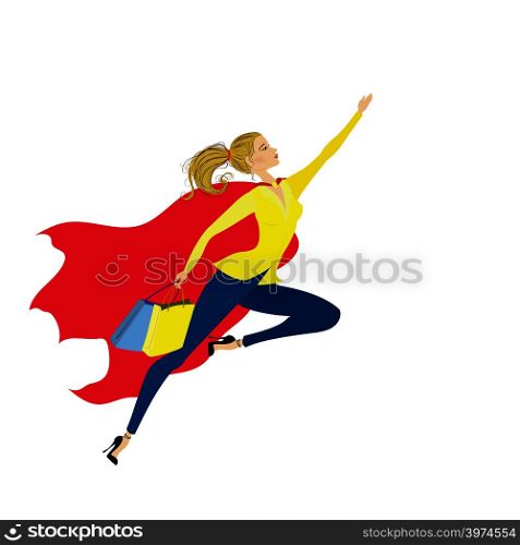 Super girl flies shopping,Hero woman vector illustration. Super girl flies shopping,Hero wowan