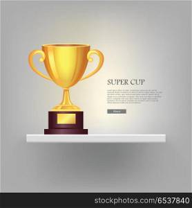Super Golden Cup with Two Handles Pink Background.. Super golden cup with two handles. Real award. 3d icon. Contemporary great shiny, glossy and brightly prize on brown base. Win. Achievement. Flat design. Vector illustration