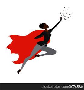 Super Hero african american woman in the fly with smart phone,isolated on white,stock vector illustration. Super Hero african amercan woman in the fly with smart phone