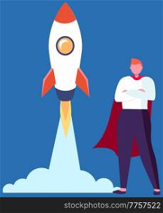 Super Hero businessman standing in red cloak near the rocket ready to take off on blue background. Successful super business man near flying space ship. Concept of inspiration, business start up. Super Hero business man standing in red cloak near the rocket ready to take off on blue background