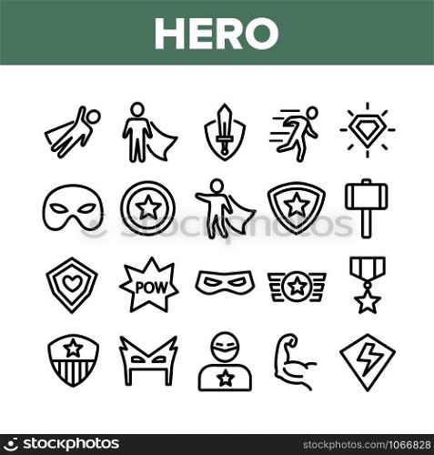 Super Hero Collection Elements Icons Set Vector Thin Line. Hero Superman Silhouette And Captain America, Face Mask And Shield Concept Linear Pictograms. Monochrome Contour Illustrations. Super Hero Collection Elements Icons Set Vector