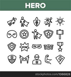 Super Hero Collection Elements Icons Set Vector Thin Line. Hero Superman Silhouette And Captain America, Face Mask And Shield Concept Linear Pictograms. Monochrome Contour Illustrations. Super Hero Collection Elements Icons Set Vector