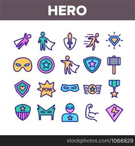Super Hero Collection Elements Icons Set Vector Thin Line. Hero Superman Silhouette And Captain America, Face Mask And Shield Concept Linear Pictograms. Color Contour Illustrations. Super Hero Collection Elements Icons Set Vector