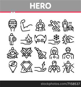 Super Hero Collection Elements Icons Set Vector Thin Line. Hero Superman Silhouette And Woman, Face Mask And Muscle Power Concept Linear Pictograms. Monochrome Contour Illustrations. Super Hero Collection Elements Icons Set Vector