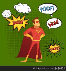 Super hero in red costume, composition with sound and emotion bubbles green background comic style vector illustration. Super Hero Composition Comic Style