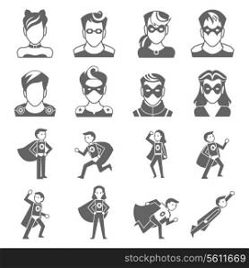 Super hero male and female avatars in superman costumes set isolated vector illustration